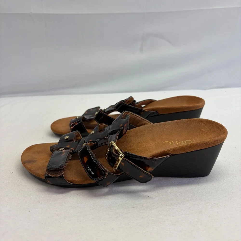 Vionic Radia Wedge Sandals Women 7 Tortoise Shell Patent Strappy Orthopedic